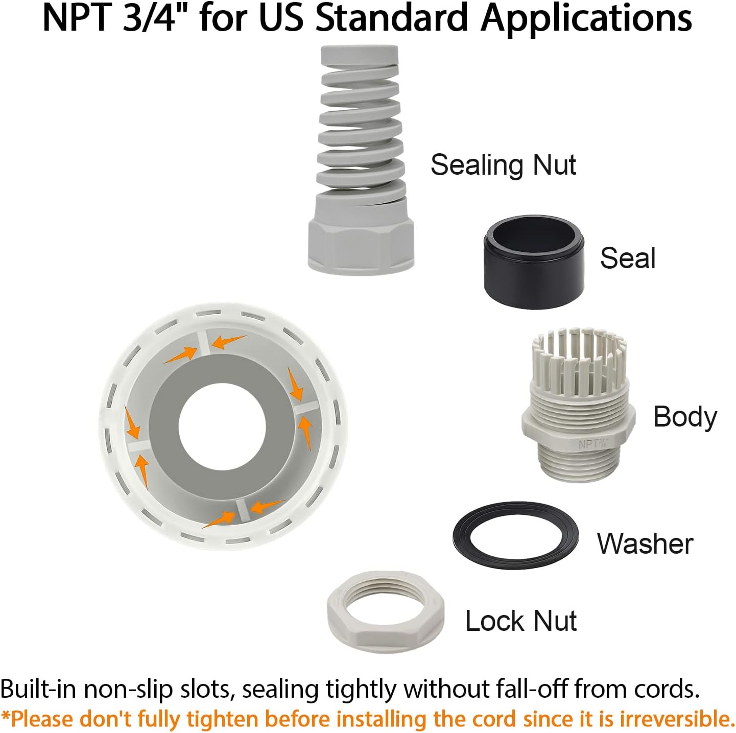 LeMotech 2Pcs NPT 3/4" IP68 Waterproof Cable Gland Flex Spiral Strain Relief Grey Nylon Joint with Gaskets for 13-18mm Wire Thread