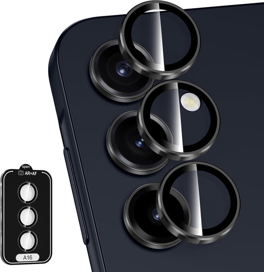 for Samsung Galaxy A16 Camera Lens Protector, Individual Metal Ring Tempered Glass Lens Cover, [Strong Adsorption] Scratch Resistant Ultra-Thin HD Clear Lens Cover, 1 Set-Black Ring