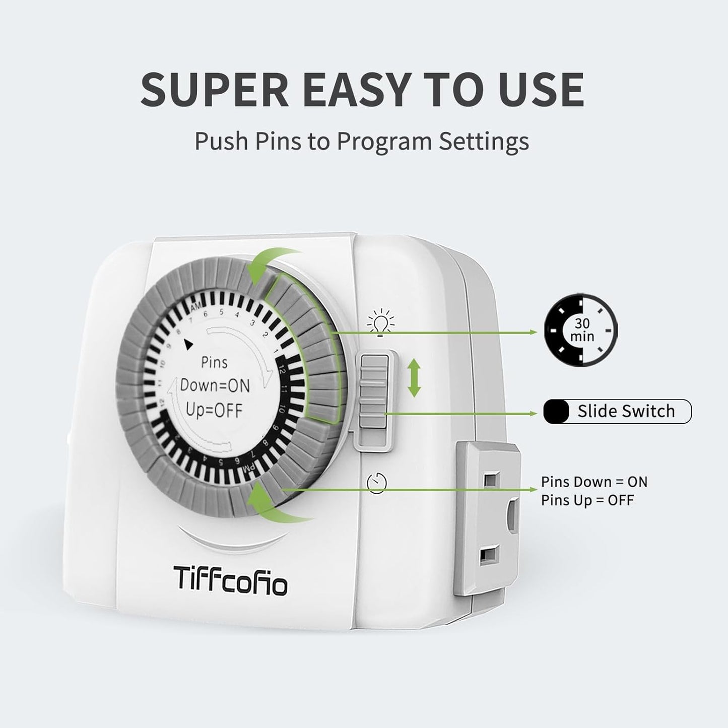 TiFFCOFiO Indoor Mechanical Light Timer, 3 Prong Plug in Outlet Timer, 2 Grounded Outlets for Indoor Lightings, ETL Listed