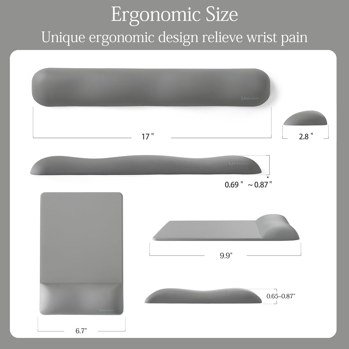 UnivoColors Design-Wave Set of Keyboad Wrist Rest & Mouce Pad,Artificial Sheepskin+Memory Foam+Ergonomic+Anti-Slip Gel, Resilience Support During Work and Gaming,Keyboard Accessory,Grey