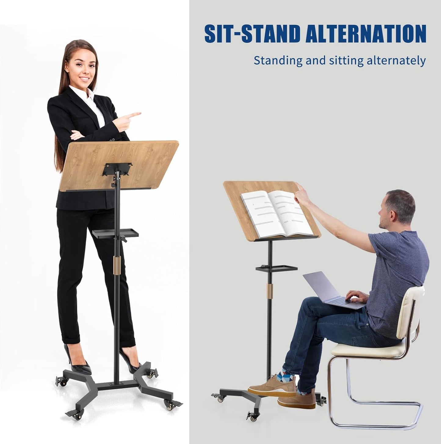 Lectern Podium Stand with Storage Platform, Height Adjustable Mobile Steady Standing Design, Multi-Purpose Tabletop for Speech, Lecture, Church, Reading or Laptop Desk