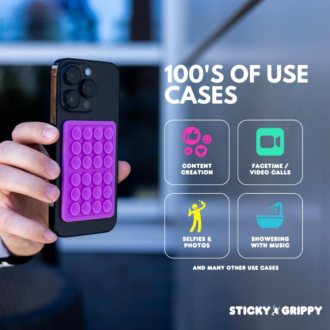 Suction Phone Case Mount, Sillicon Adhesive Phone Accessory for iPhone and Android, Hands-Free Fidget Toy Mirror Shower Phone Holder, Tiktok Videos and Selfies (Purple Glitter)