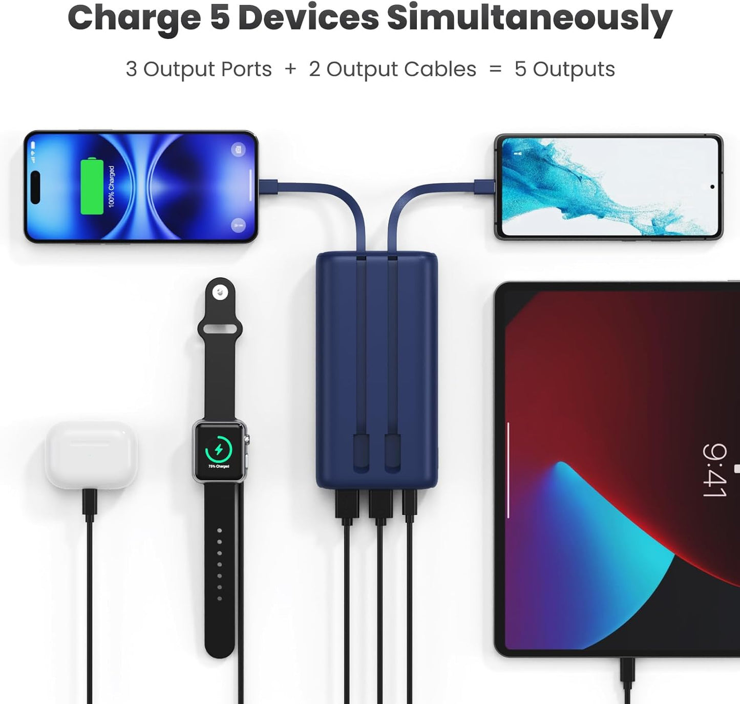 Portable Charger 40,800mAh Power Bank 25W Portable Battery Pack with 2 Built in Cables [2024 Upgraded], PD QC4.0 Fast Charging Portable Phone Charger Compatible with iPhone 16/15,Android Samsung-Navy