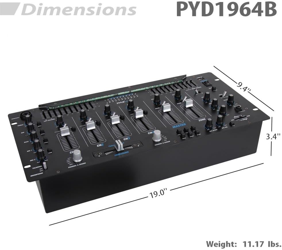Pyle 6 Channel Mixer DJ Controller with Bluetooth, Professional Sound Digital Mixing System with LED Illumination, Slider Controls, Speed Control, 10 Band Equalizer 5U Rack Mount System - PYD1964B.5