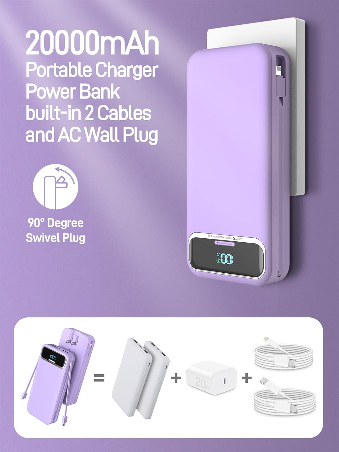 Portable Charger with Built in Cables and Wall Plug, Portable Charger 20000mAh 22.5W, Fast Charging Power Bank USB C,LED Display Battery Pack Compatible with All iPhone Series,Android etc