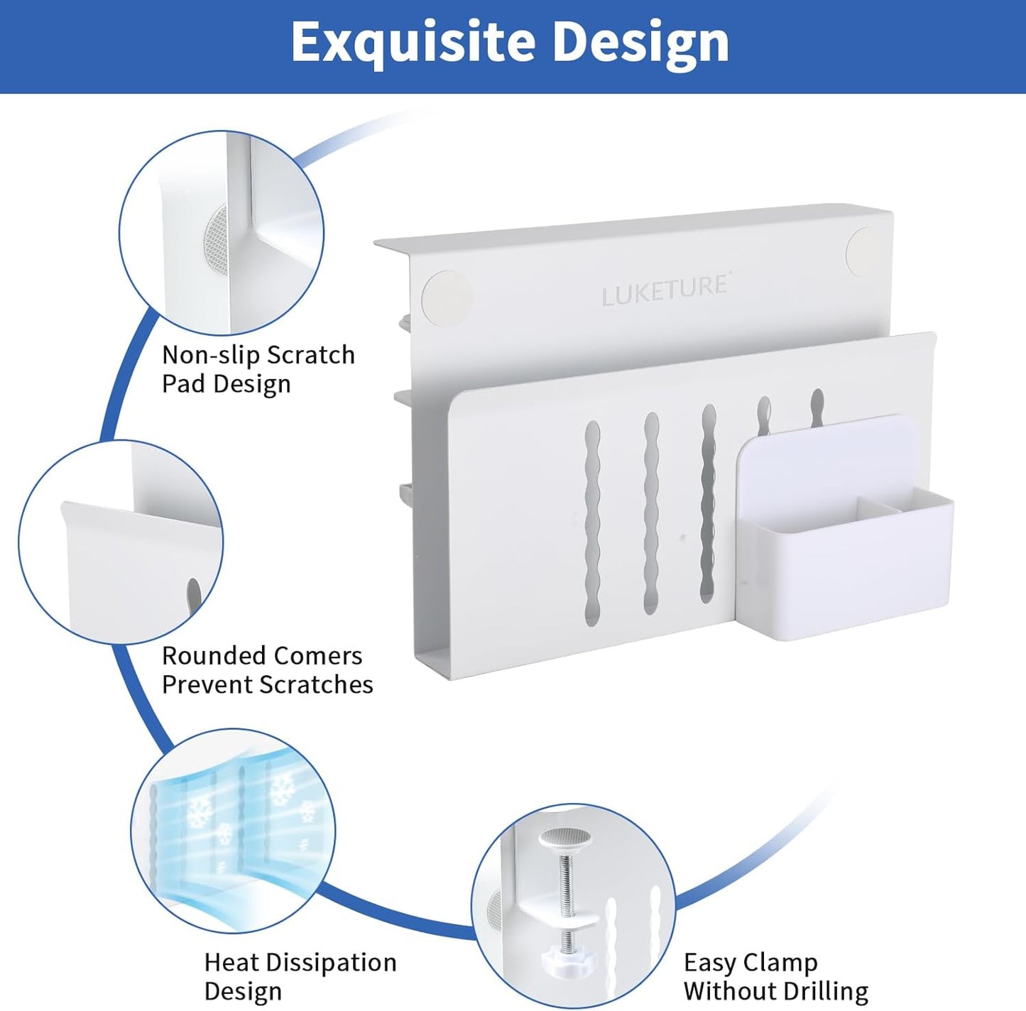LUKETURE Laptop Holder, Steel Desk Side Storage, No Drill Standing Desk Accessories, Clamp on Laptop Mount with Pen Holder, Fits Flat Edge Tables 0.3" to 2.8" (White, M(1 Tier))