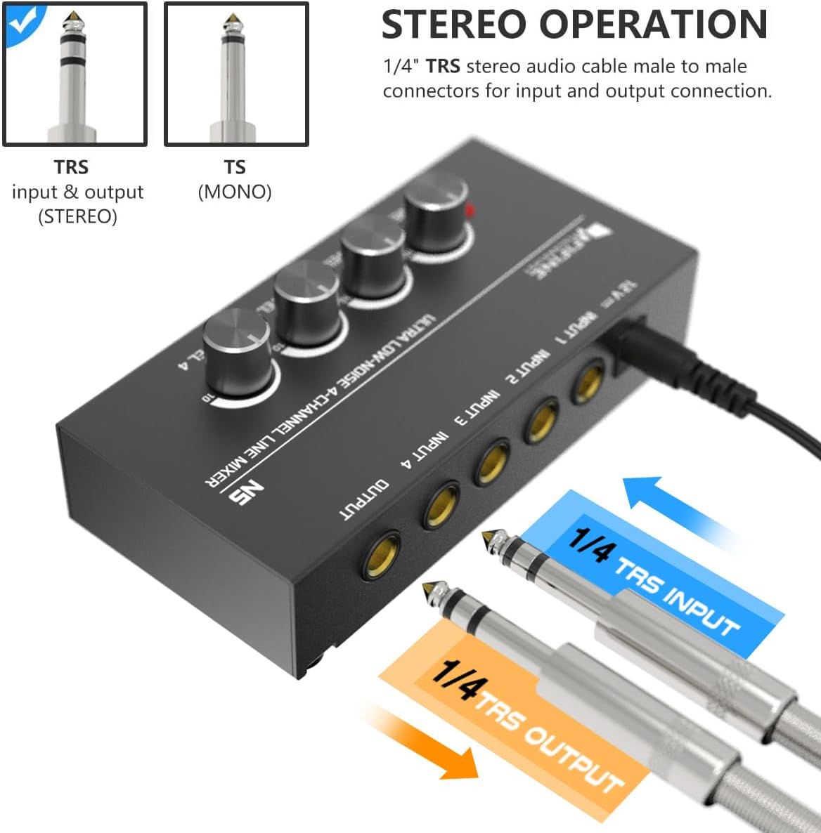 FIFINE Ultra Low-Noise 4-Channel Line Mixer for Sub-Mixing,4 Stereo Channel Mini Audio Mixer with AC adapter.Ideal for Small Club or Bar. As Microphones,Guitars,Bass,Keyboards or Stage Sub Mixer-N5