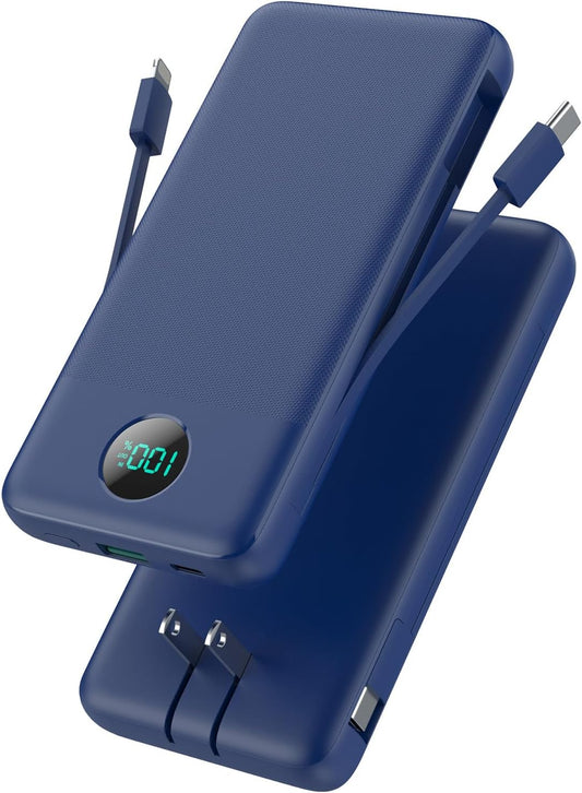 Portable Charger 13800mAh Slim USB C Power Bank with Built in Cables and Wall Plug,LCD Display Lightweight Travel Battery Pack,PD Fast Charging Compatible with iPhone 15,14,Samsung Android-Navy