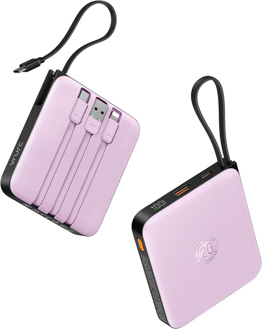 VRURC Portable Charger with Built-in Cable, 10000mAh Power Bank, 22.5W/PD20W Fast Charging USB C Battery Pack for iPhone 16 15 14 Samsung Galaxy S25 S24 S23 S22 Android Airpods, Purple(1 Pack)