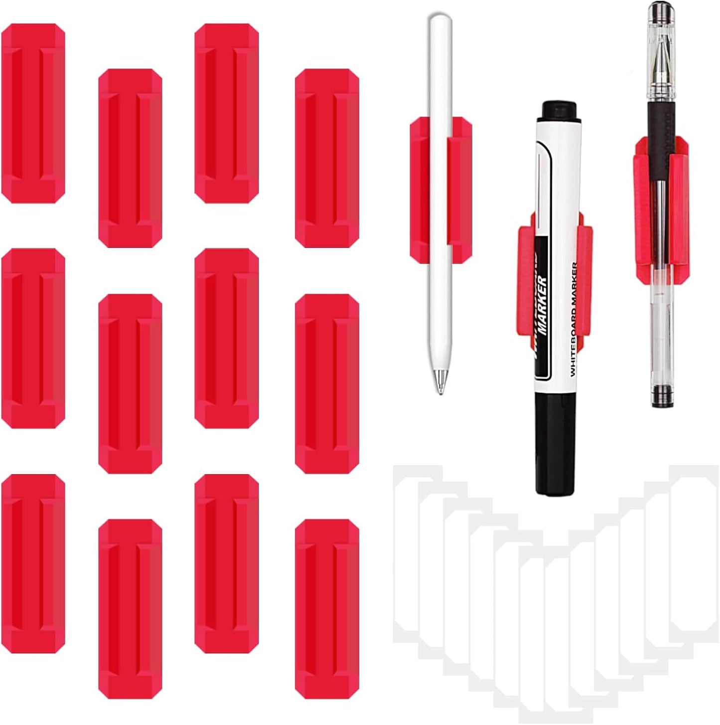 12 Pack Pen Holder for Desk, Silicone Pencil Holder with 12 Extra Adhesive Stickers, Adhesive Pen Holder & Marker Clip for Classroom Office Desk or Any Surface, Teacher Accessories Supplies (Red)