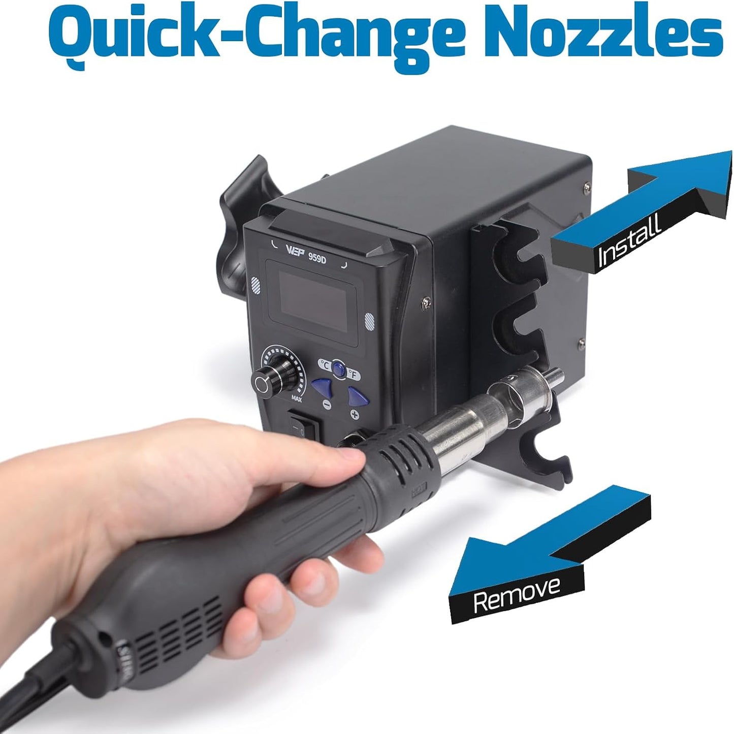 WEP 959D Hot Air SMD Soldering Rework Station with Quick-Change Nozzle System, Nozzle Holder, 5 Additional Nozzles, Adjustable Temperature, °C/°F Conversion and Buzzer Prompt
