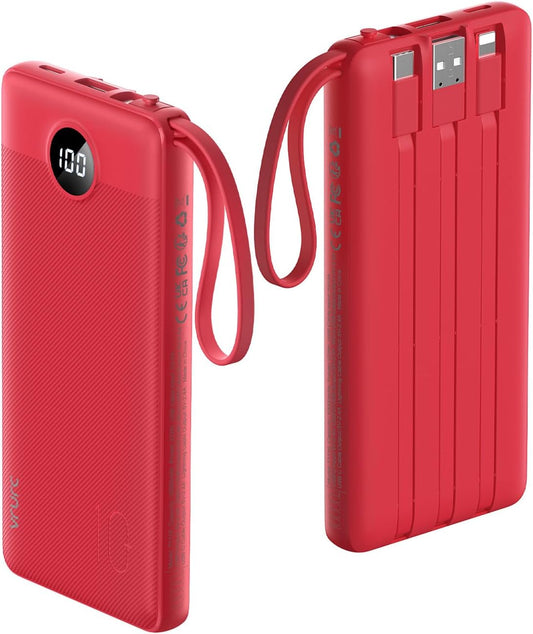 VRURC Portable Charger, 10000mAh Power Bank Built in Cables for iPhone, Slim Compact Travel Essentail, 5 Outputs 2 Inputs USB C Battery Pack for iPhone 16 15 14 13, Samsung, Android etc-Red