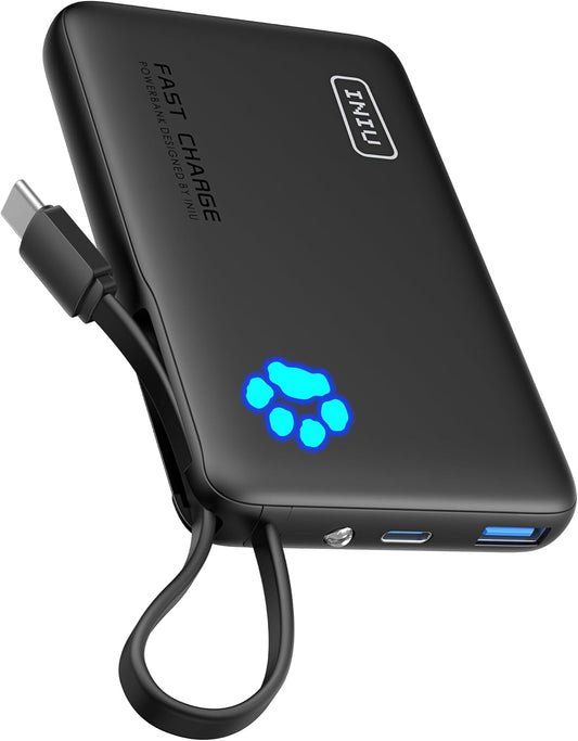 INIU 45W Portable Charger, 10000mAh Built-in USB C Cable Fast Charging Power Bank, Small Type C Battery Pack, Powerbank for iPhone 16 15 14 13, iPad, Samsung S25 S24 etc. Travel Camping Essentials