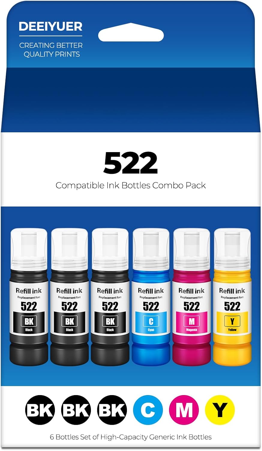 522 Ink Refill Bottles ET-2800 ET-4800 ET-2400 ET-2803 Replacement for Eco Tank 522 Ink Bottles Use for Eco Tank ET-2400 ET-2720 ET-2800 ET-2803 ET-2840 ET-4800 ET-4810 ET 2400 ET 2800 ET 4800 Printer