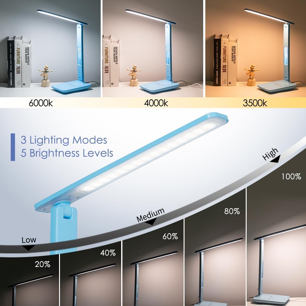 Multifunctional LED Desk Lamp with Wireless Charger,USB Charging Port,Clock,Phone Holder,Desk Lamps for Home Office,Eye-Caring Reading Lamp,Study Lamp for Boys,Girls,Teens,Blue