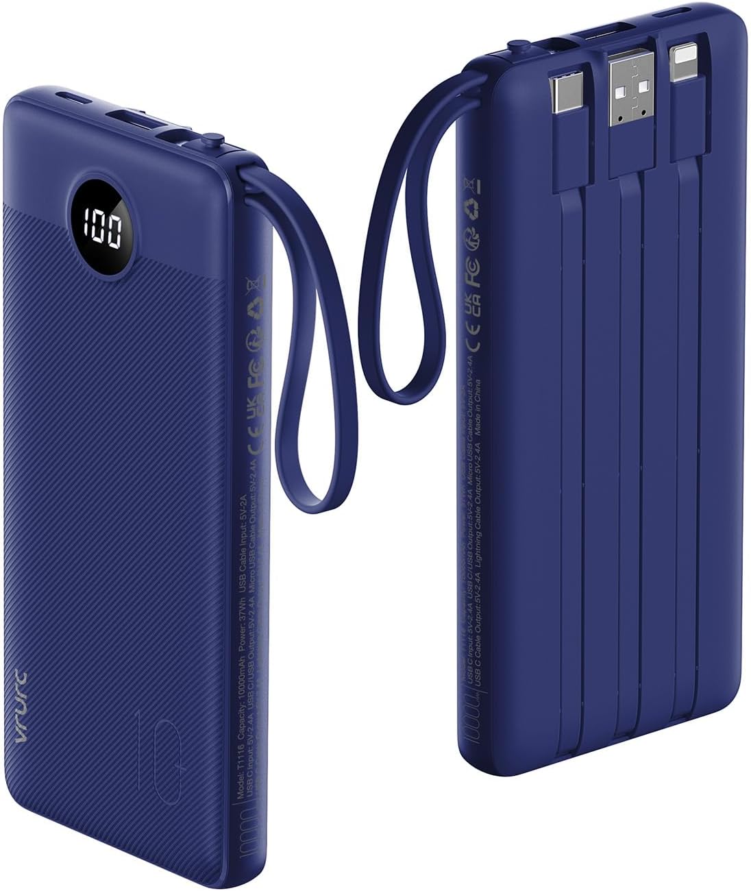 VRURC Portable Charger Power Bank, 10000mAh Travel Essentials, 5 Outputs 2 Inputs Slim Battery Pack Built-in Cables Cords Compatible with iPhone,Samsung,Android-Navy Blue(1 Pack)