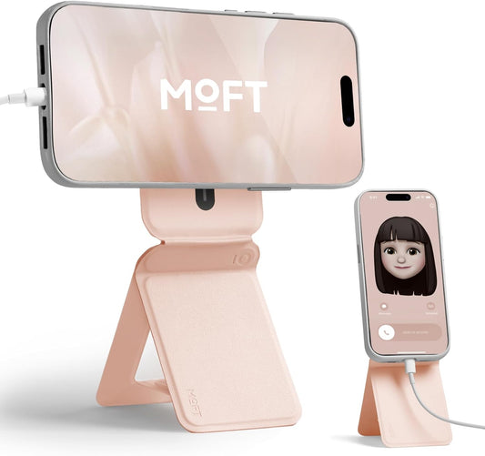 MOFT Phone Stand, Magnetic Phone Tripod Stand Stain-Resistant MOVAS Leather & Angle Adjustment & Strong Magnets Tripod for iPhone 16/15/14/13/12 (Included Metal Ring)-Peach Pink
