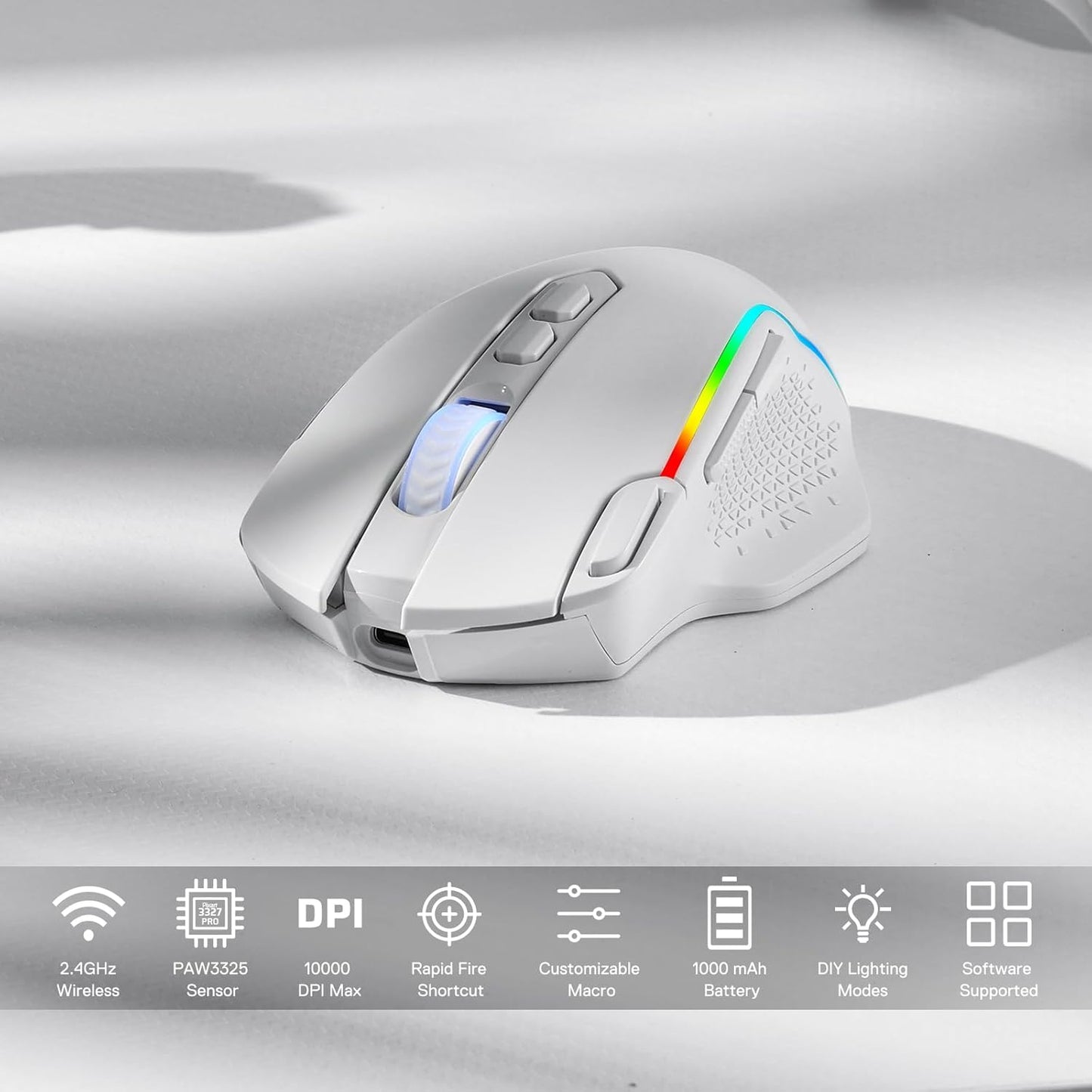 Redragon M810 Pro Wireless Gaming Mouse, 10000 DPI Wired/Wireless Mouse w/Rapid Fire Key, 8 Macro Buttons, 45-Hour Power Capacity and RGB Backlit for PC/Mac/Laptop