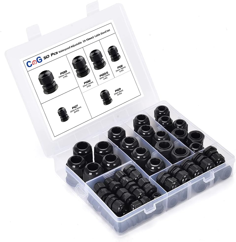 Nylon Cable Gland Kit, CGELE 50 Pack Plastic Waterproof Adjustable Connector 3-16mm Strain Relief Cord Connectors Joints Nylon with Gaskets PG7 PG9 PG11 PG13.5 PG16 PG19