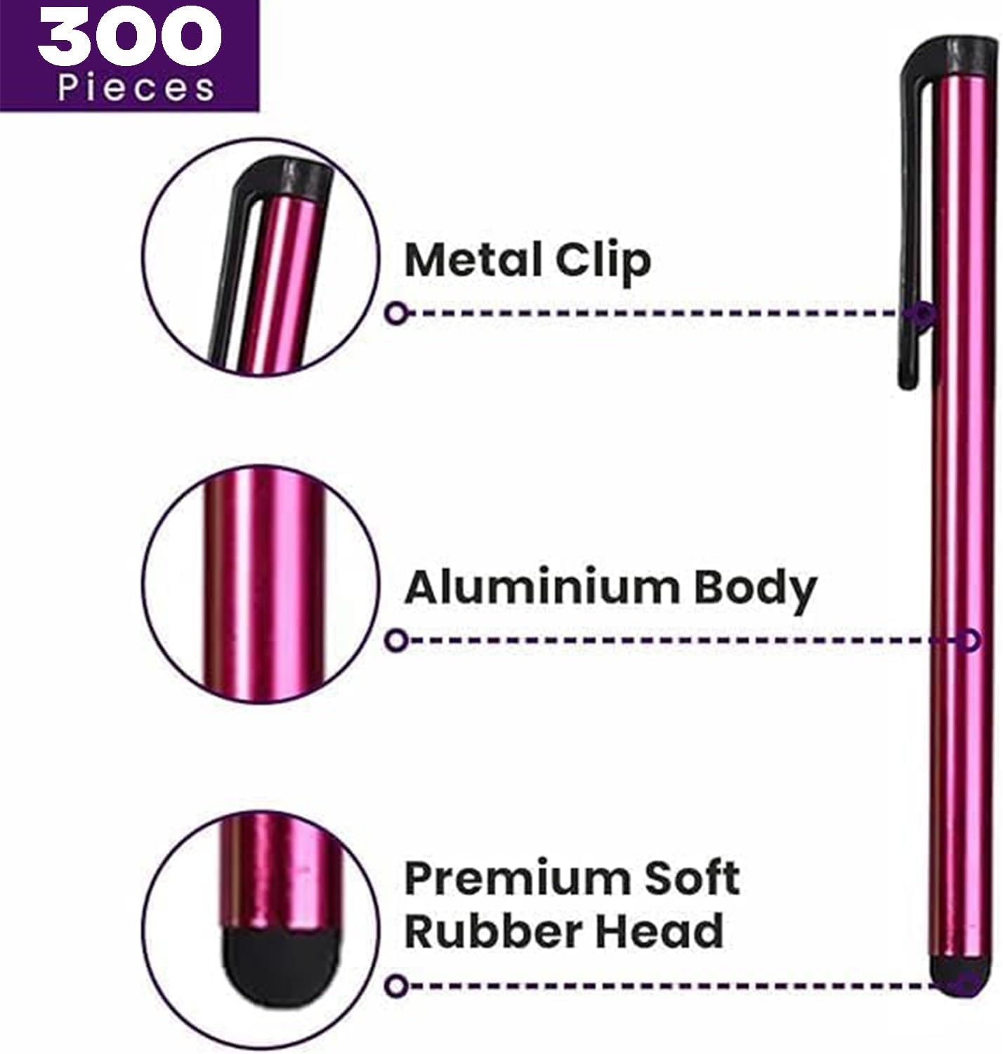 Stylus Pens for Touch Screens, 300 Pieces Stylists Pack Universal Colorful Long Metal, Touch Screen Pens for iPad, iPhone, Android, Galaxy, Chrome Book, Tablets, Assorted Colors All Touch Devices - 4"