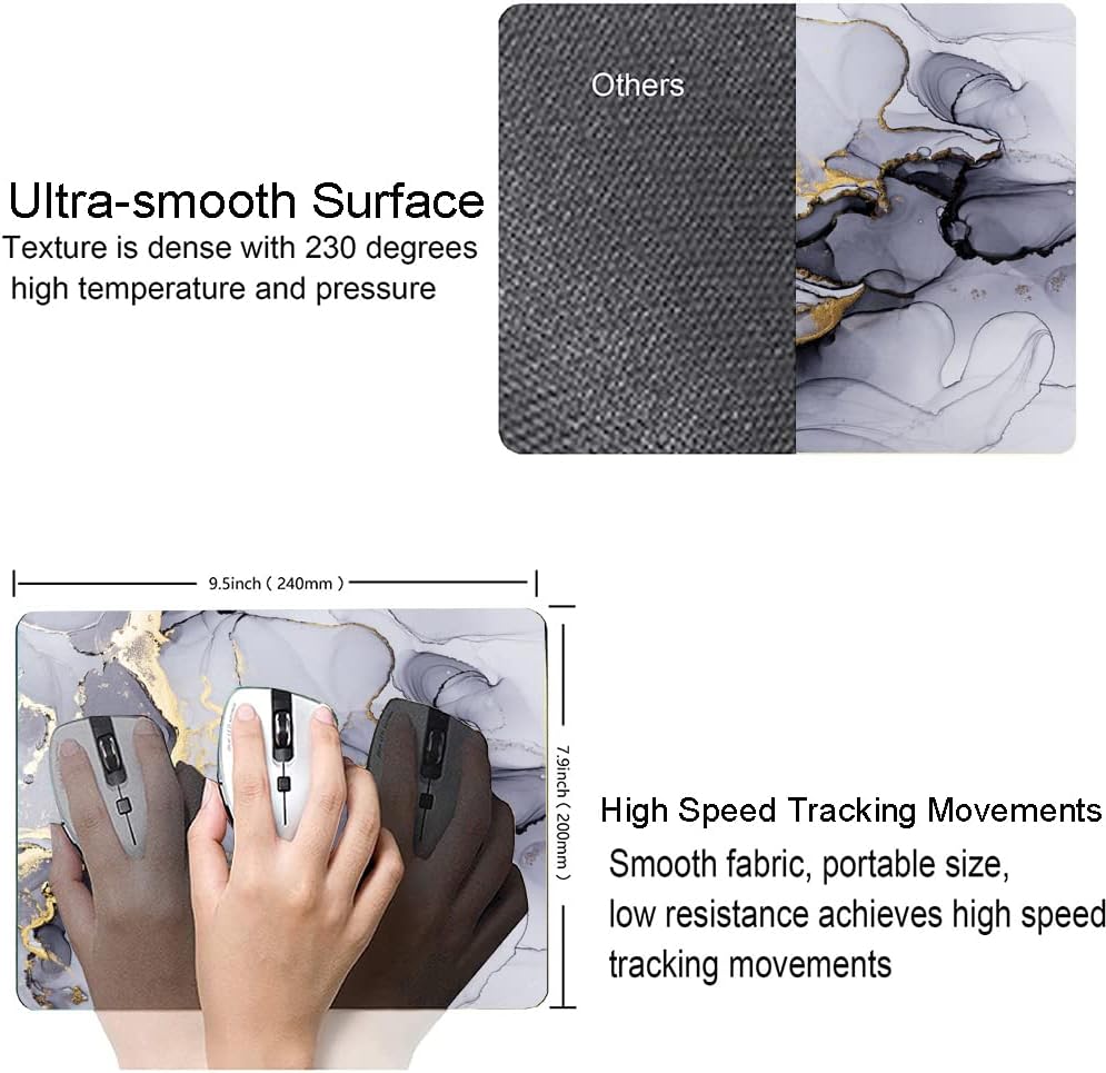 Mouse Pad, Cute Personalized Mouse Pads with Marble Design, Square Washable Cloth Mouse Mat, Gaming Office Home Non-Slip Rubber Base Computer Mousepad, Black Grey Gold Marble