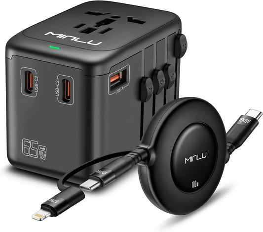 Universal Travel Multi Adapter, PD 65W Worldwide Travel Charger with 100W 3-in-1 Multi Cable/1 USB-A/3 USB-C Fast Charging, All in One Outlet Adapter for iPhone,Laptops,Type USA/EU/UK/AUS