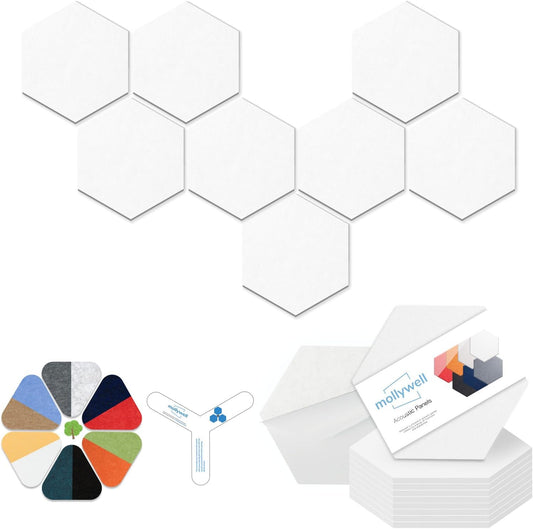 Mollywell Hexagon Acoustic Panels, High Density, Soundproofing, Decorative Noise Reduction Felt Wall Tiles for Ceilings, Home Office & Gaming Room (White), 12x10x0.4 Inch
