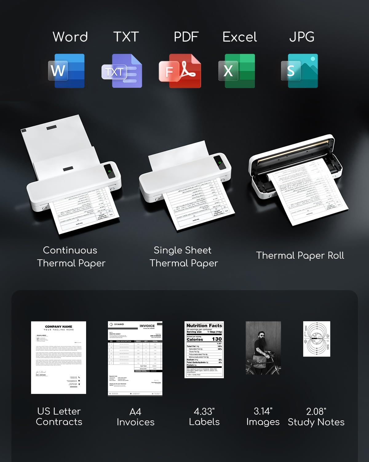 Portable Thermal Printer, Bluetooth Portable Printers Wireless for Travel Home, Small Inkless Mobile Mini Printer for Phone Laptop, Support 8.5'' x 11'' US Letter,A4,4.33'',3.14'',2.08'' Thermal Paper