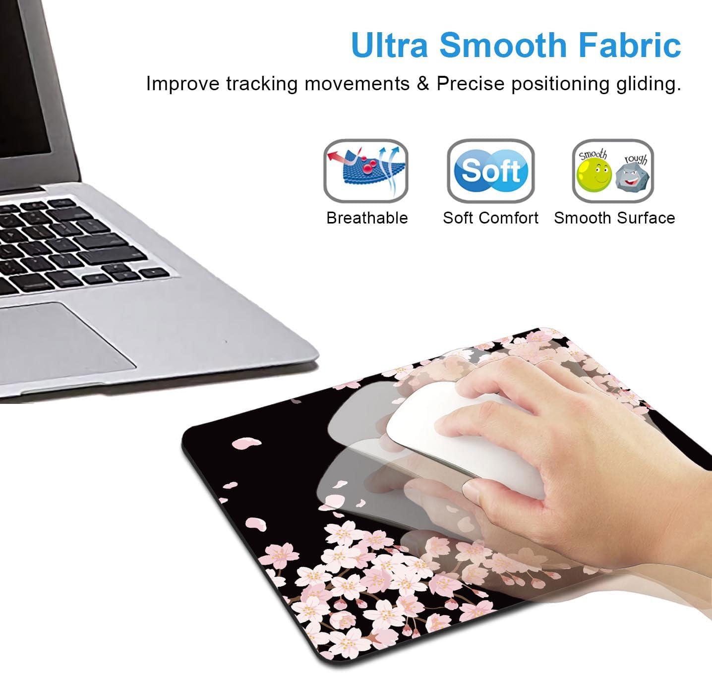 IMAYONDIA Cute Pink Flowers Mouse Pad, Cherry Blossom Mouse Pad, Serene Blossoms on Black Elegant Floral Mousepad, Japanese Minimalistic Mice pad for Computer Office Girl, 9.5 x 7.9 Inch