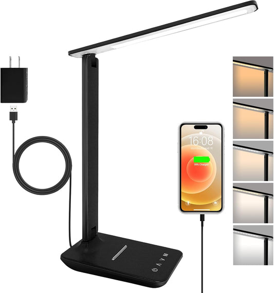 karidi LED Desk Lamp Dimmable Table Lamp with USB Charging Port, 5 Lighting Modes, Sensitive Control, Foldable Portable Desk Light for Home Office Bedroom Reading (Black, Standard Size - 13.3 inch)