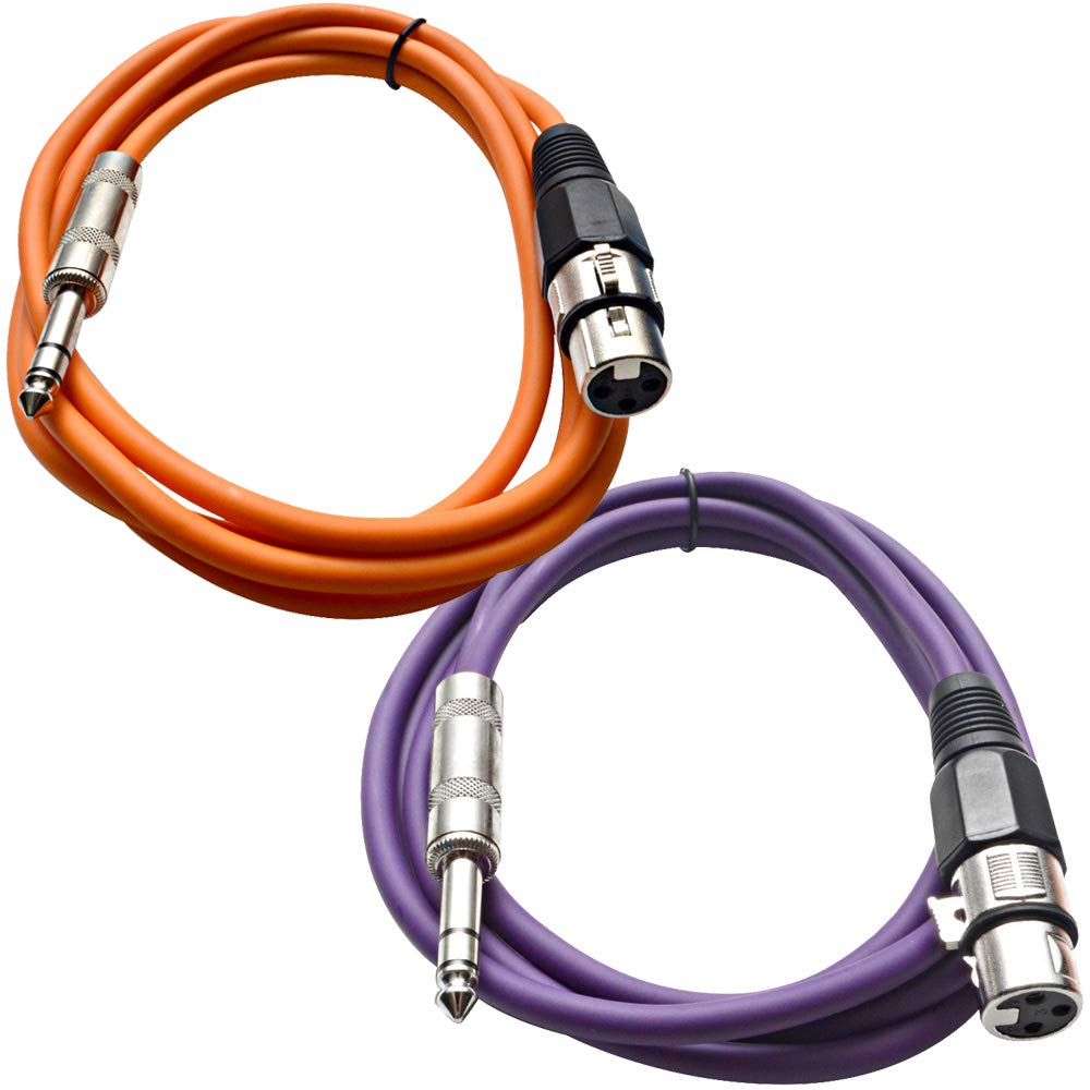 Seismic Audio - SATRXL-F6-2 Pack of 6 Foot 1/4 Inch TRS to XLR Female Patch Cables - Balanced - 6 Foot Patch Cord - Orange and Purple