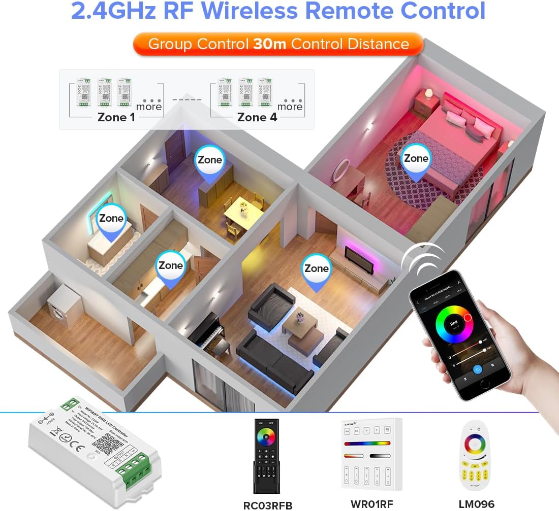 BTF-LIGHTING C03RF Tuya Controller Support PWM 5050SMD FCOB COB RGB (+ R G B) 4pin LED Strip String Support with WR01RF RC03RFB RF Remote DC5V/DC12V/DC24V Max 12A Indoor Use Only(NO Remote NO Power)