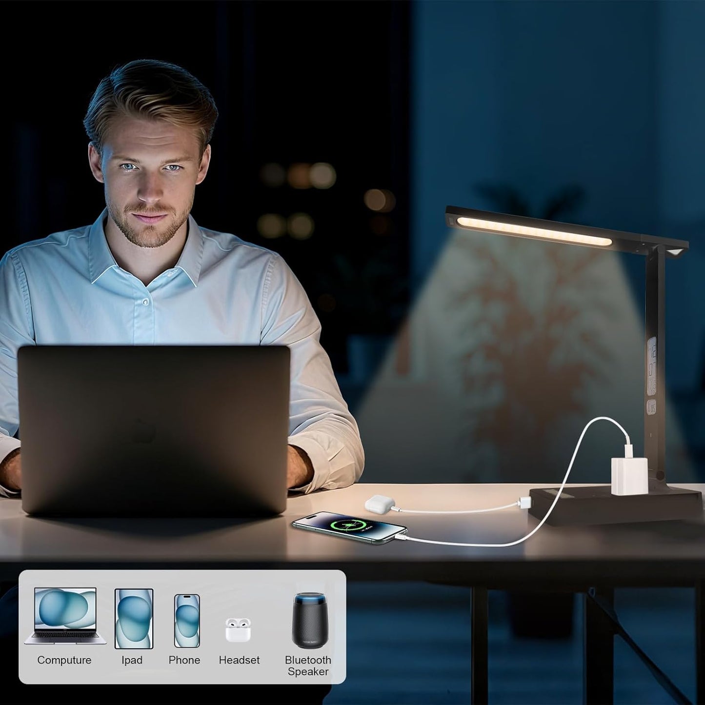 Smart Desk Lamp with Dual USB Charging (Type-C/USB-A) & 2 AC Outlets, Digital Clock, Temperature Display, 5 Color Modes, 5 Brightness, Adjustable - for Office, Bedroom, Dorm Room, Study