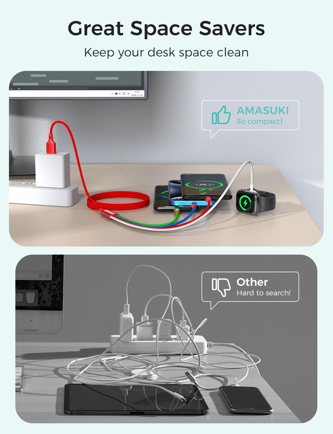 Travel Essentials Multi Charging Cable for Watch Charger 4 in 1 Fast Charger Camping Essentials USB C/L/Micro Compatible with Watch Series 10-1/SE/Ultra Phone 16 15/Galaxy Android-4FT/Red