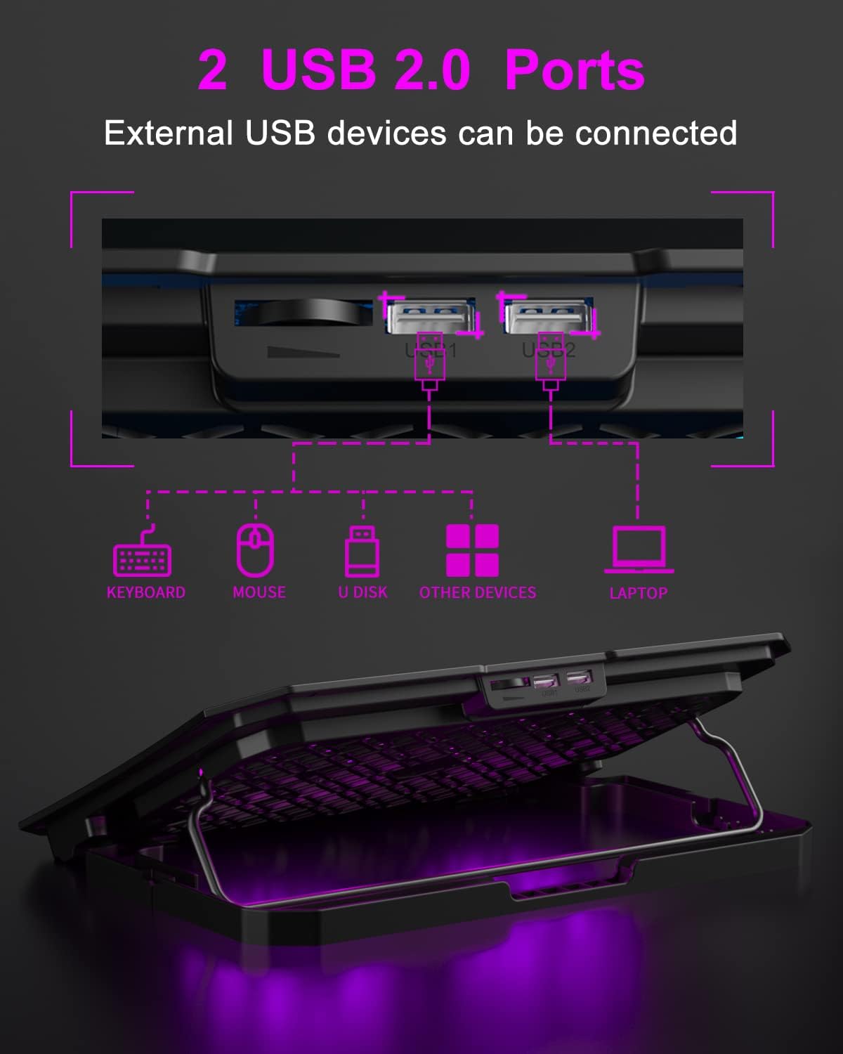 KeiBn Upgrade Laptop Cooling Pad, KeiBn Laptop Cooler 2 Fans for 10-15.6 Inch Laptops, 5 Height Stands, 2 USB Ports (S039-Purple)