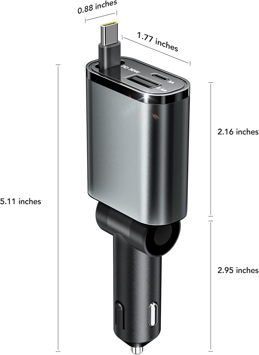 Retractable Car Charger, 3 in 1 Fast Car Phone Charger 50W, 1 TypeC Retractable Cables and USB Port, Compatible with iPhone 16/15/14/13/12/11,Galaxy,Pixel