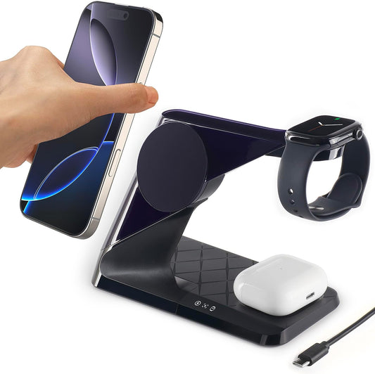 3 in 1 Charging Station for Apple Devices, Mag-Safe Charger Stand, Wireless Charger for iPhone 16/15/14/13/12 Series,& AirPods,& iWatch, Adapter Not Included