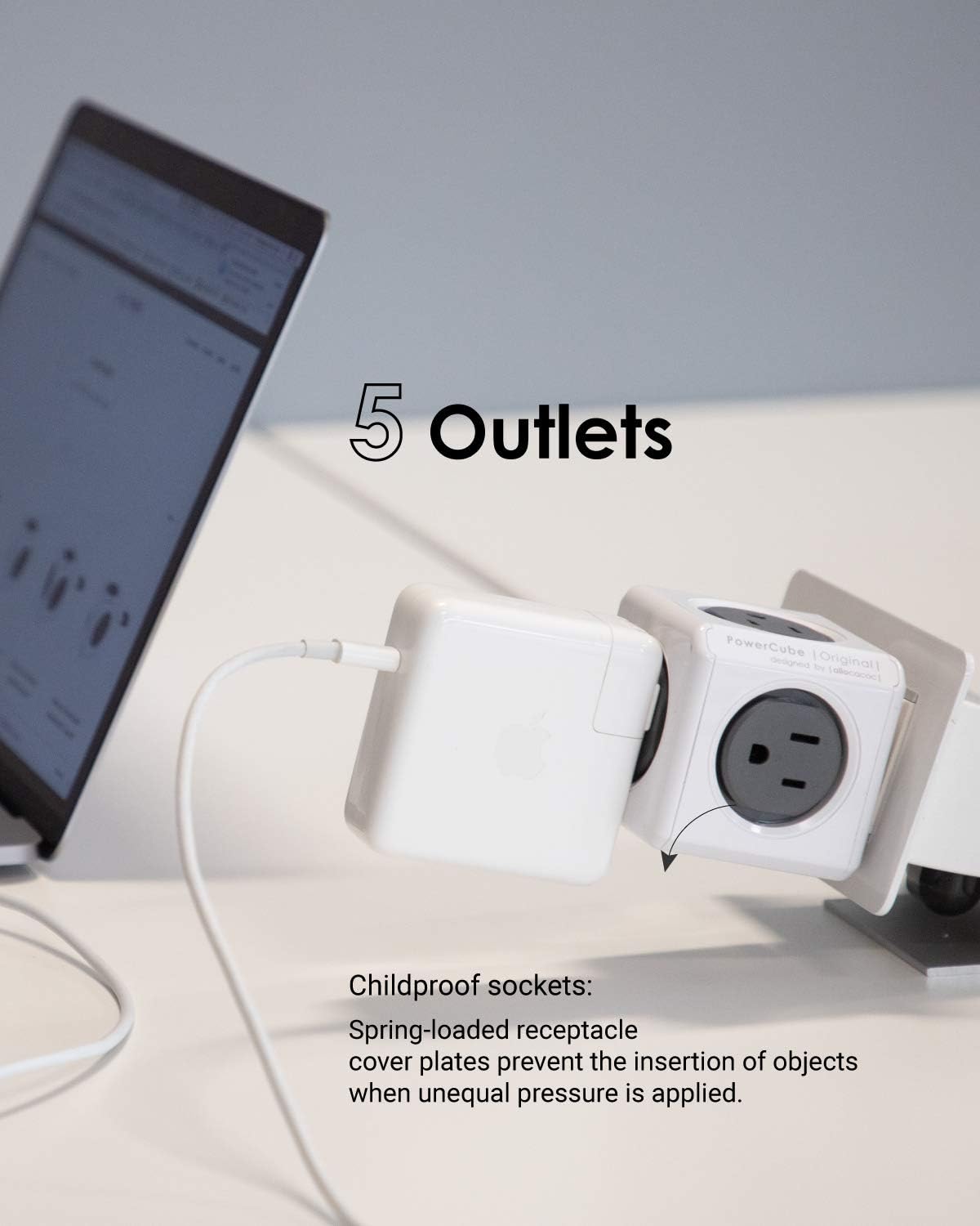 Allocacoc PowerCube Original, 5 Outlets, Wall Plug, Power Charger, Surge Protection, Compact for Travel, Home and Office, Space Saving, 1875W, 15A, 125V ETL Certified