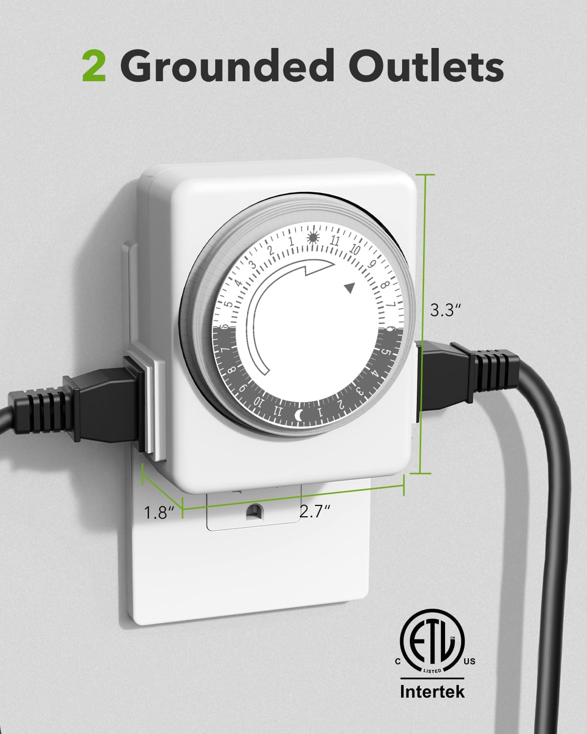 HBN Outlet Timer for Electrical Outlets Indoor, 24 Hour Mechanical Light Timers for Lamps, Dual 2-Prong Plug-in Outlets, 15-Minute Intervals, Heavy Duty Daily Cycle, 2 Pack