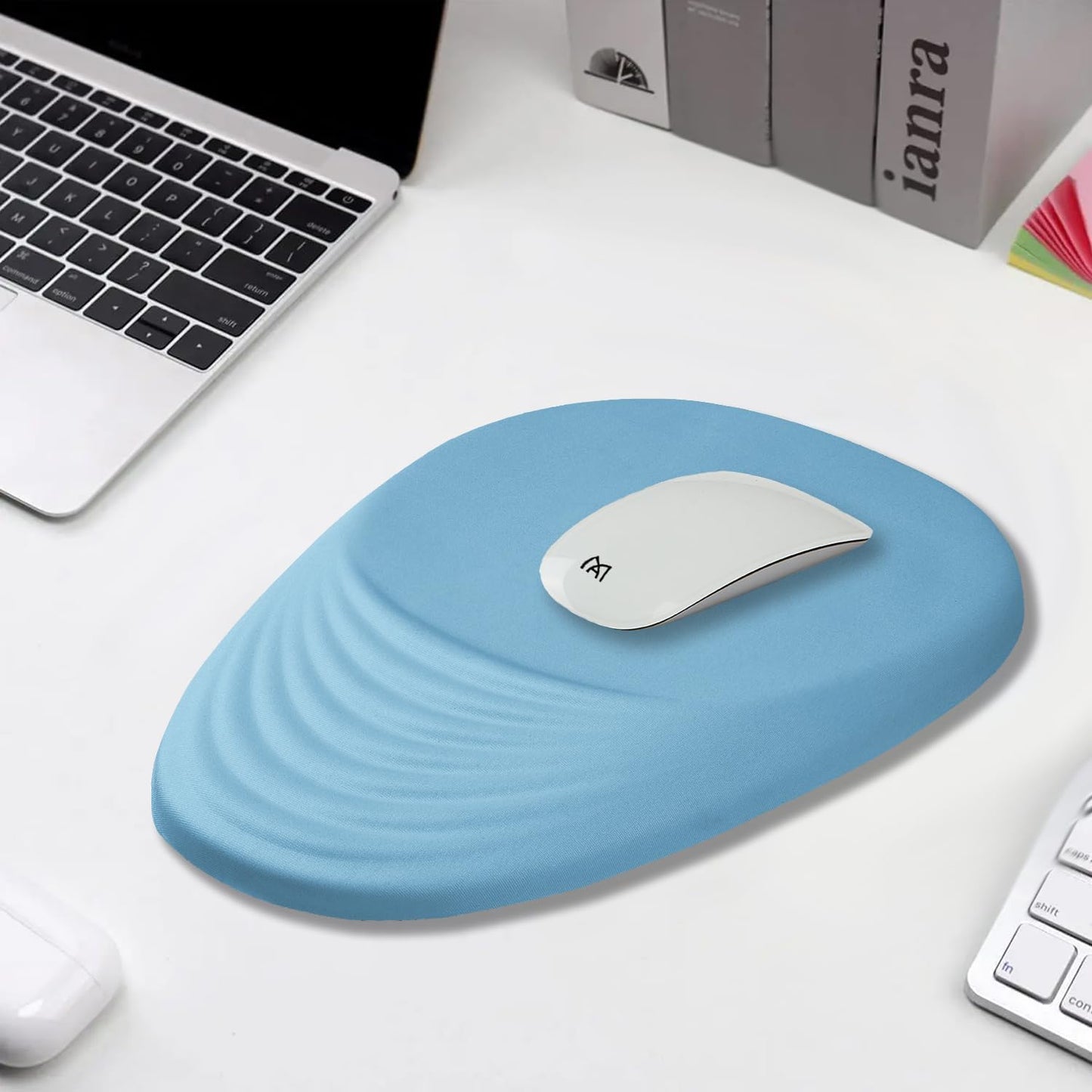 Ergonomic Mouse Pad Wrist Support, Mouse Pad with Wrist Rest, Entire Memory Foam & Non-Slip PU Base MousePads with Stepped-Wedge Design for Pain Relief, Desk, Office, Home, Sky Blue