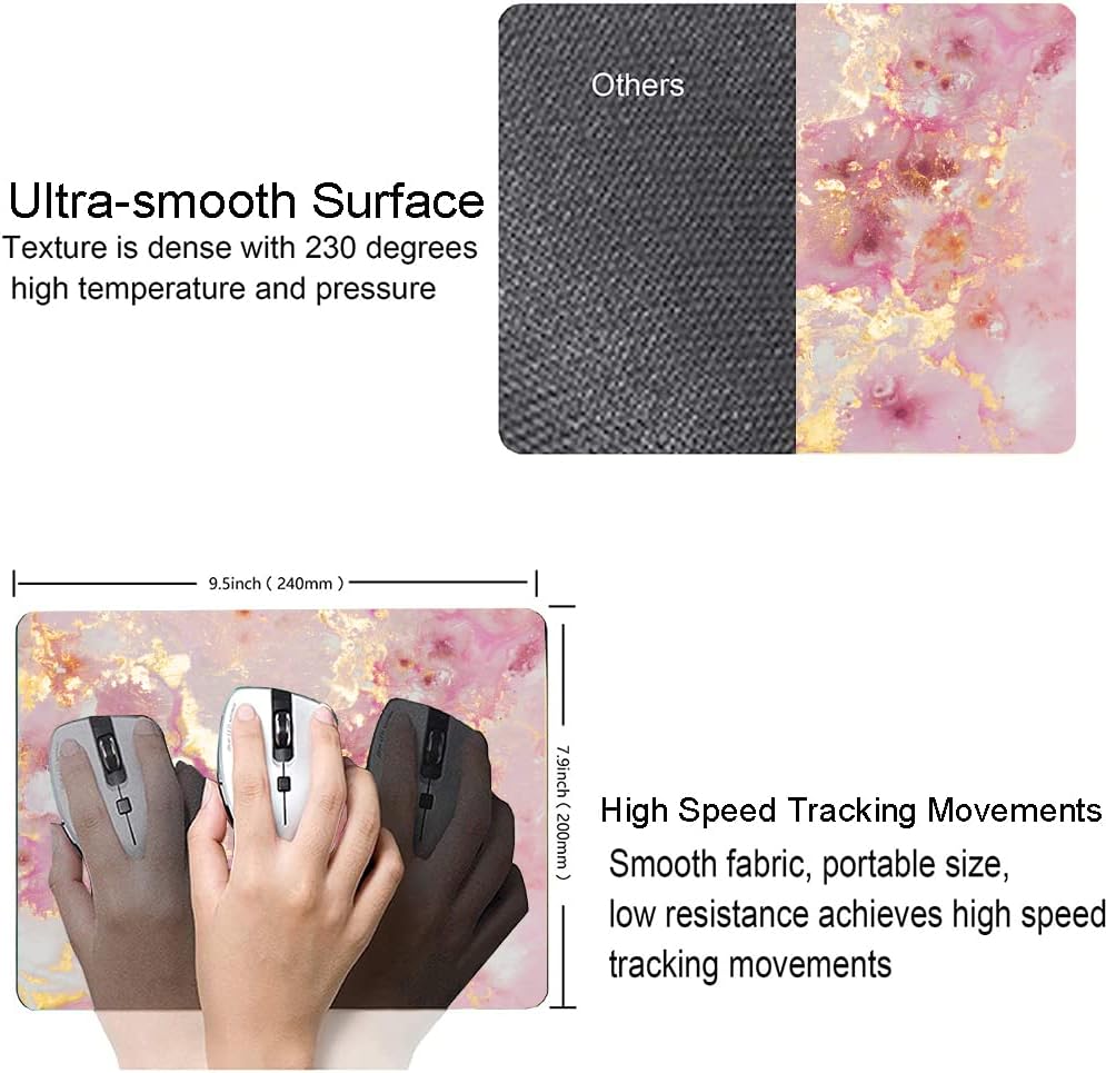 Mouse Pad, Cute Pink Gold Marble Mouse Pads with Design, Square Washable Cloth Personalized Mouse Mat, Gaming Office Home Non-Slip Rubber Base Computer Mousepad
