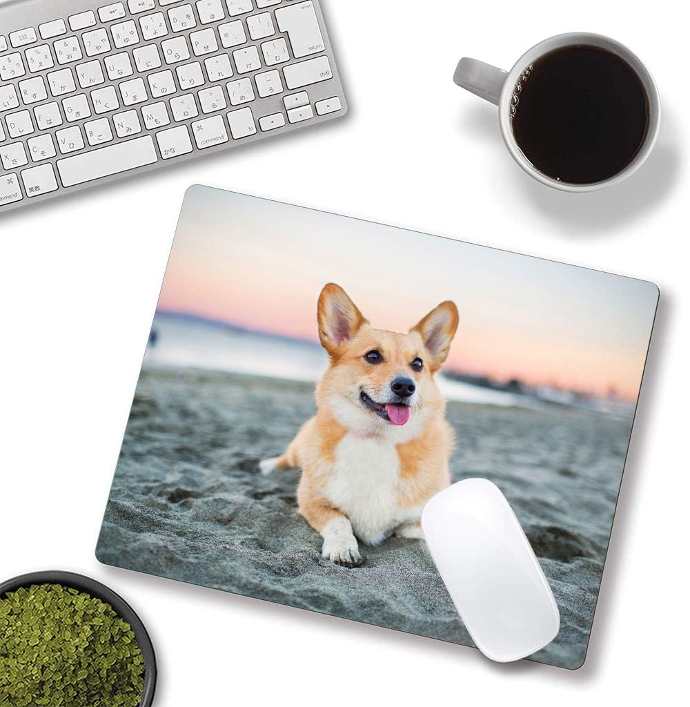 Corgi on The Beach Gaming Mouse Mat, Square Waterproof Non-Slip Rubber Base Mouse Pad for Office, Home, Laptop, Travel, 9.5"x7.9"x0.12" Inch