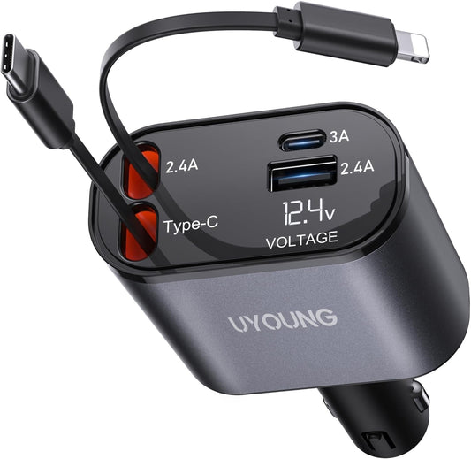 UYOUNG Retractable Car Charger 100W, 4 in 1 Fast Car Phone Charger, 2 Retractable Cables 31.5 Inch and 2 USB Ports, Compatible with iPhone 15/14/13/12/11 Pro Max/XR/XS,Samsung,Pixel,iPad/iPod