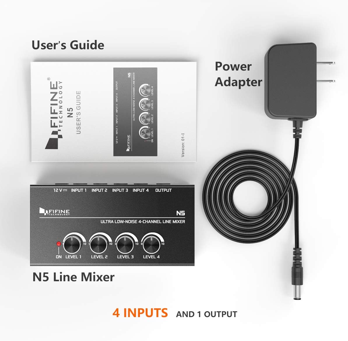 FIFINE Ultra Low-Noise 4-Channel Line Mixer for Sub-Mixing,4 Stereo Channel Mini Audio Mixer with AC adapter.Ideal for Small Club or Bar. As Microphones,Guitars,Bass,Keyboards or Stage Sub Mixer-N5