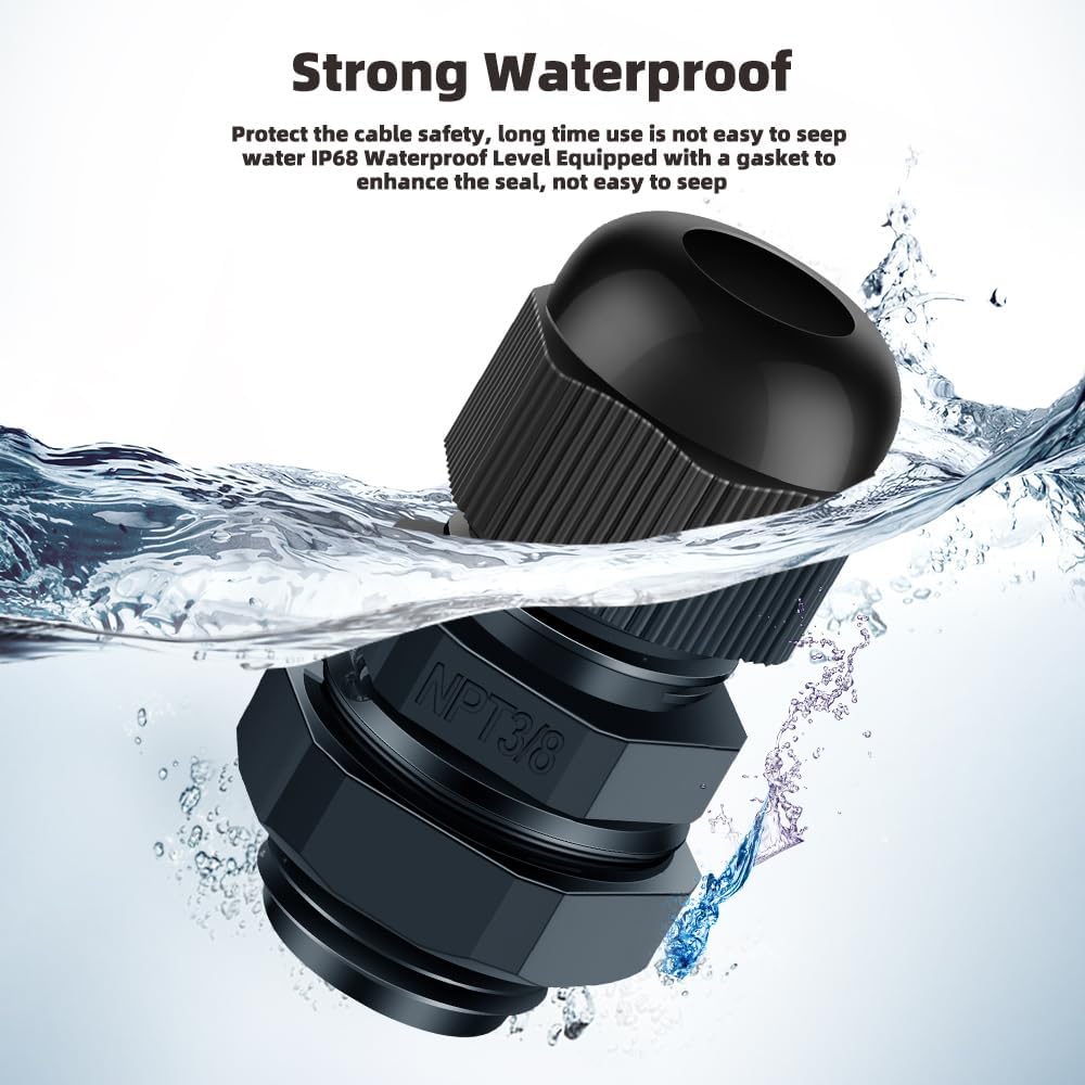 Cable Gland 12 Pack 3/8" NPT Waterproof Adjustable Connector Strain Relief Cord Connectors Joints Nylon with Gaskets…