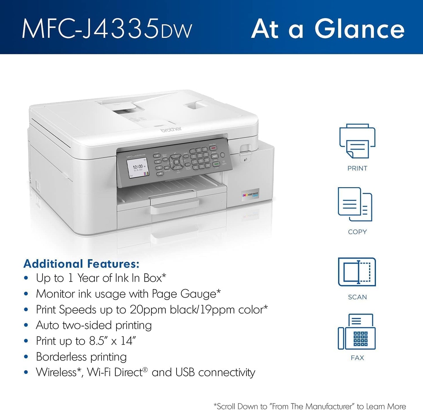 Brother MFC-J4335DW INKvestment Tank All-in-One Printer with Duplex and Wireless Printing Plus Up to 1-Year of Ink in-Box (Renewed Premium), White