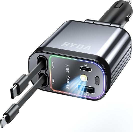 Fast Car Charger 4 in 1 Retractable Car Charger 69W with Starry Light,USB-C Fast Car Accessories,Compatible with All iPhones All Android Phones (GreyLightning+USB-C & PurpleLight)
