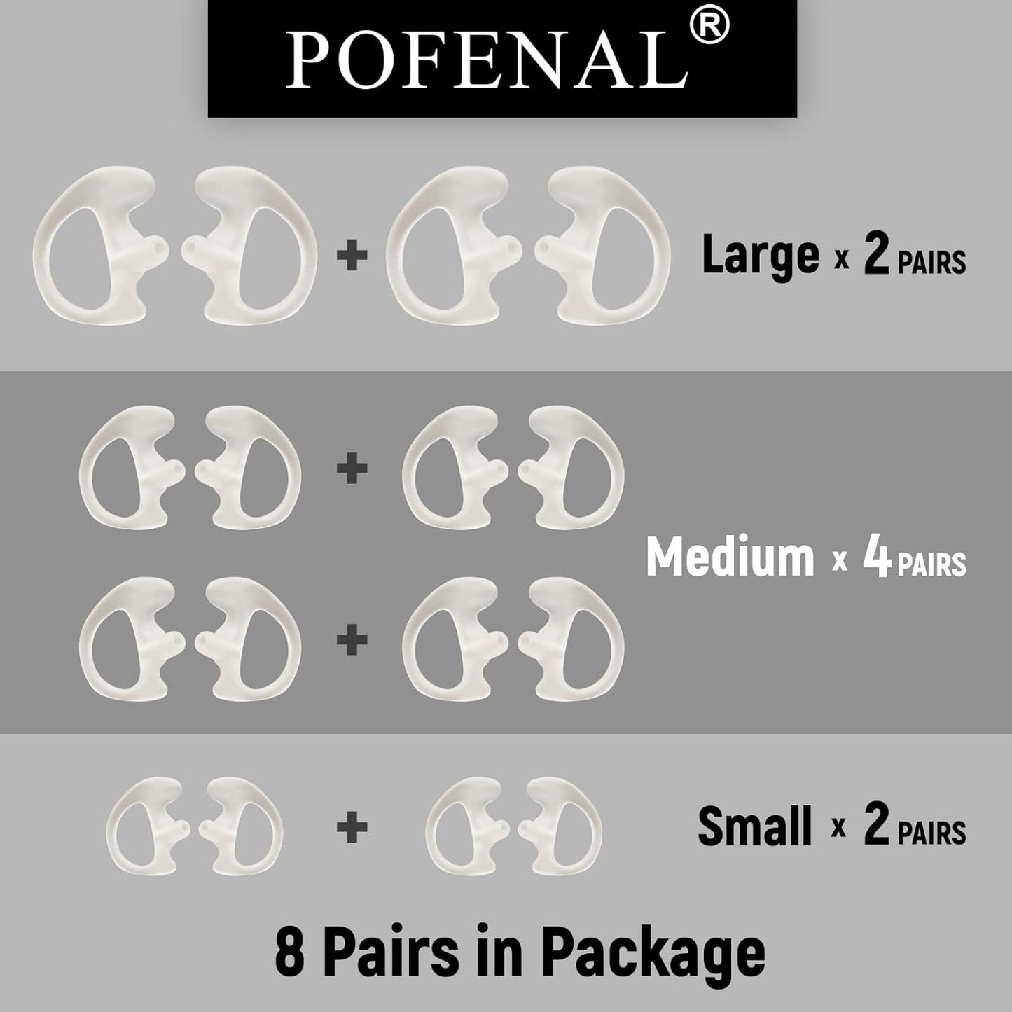 Universal Replacement Insert Silicone Soft Earmold for Baofeng Motorola Kenwood Retevis Midland Two Way Radios Headset (White, 8 Pair, Large_2 Pair; Medium_4 Pair; Small_ 2 Pair)