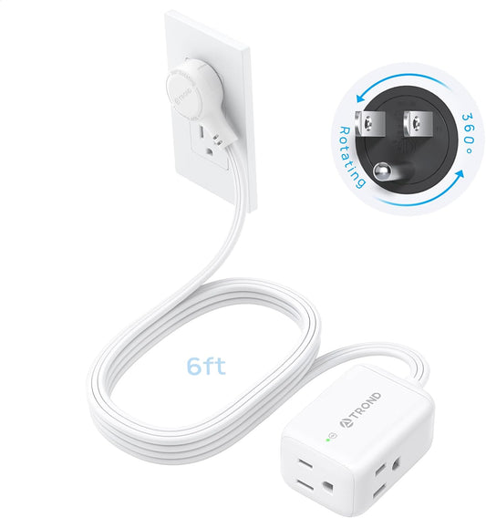 TROND 360° Rotating Flat Plug Extension Cord Surge Protector 6ft, Small Power Strip with 900 Joules, 3 Side Grounded Outlets, 13A, SPT 16/3 Gauge Wire, for Indoor Home Office Dorm Room Travel, White