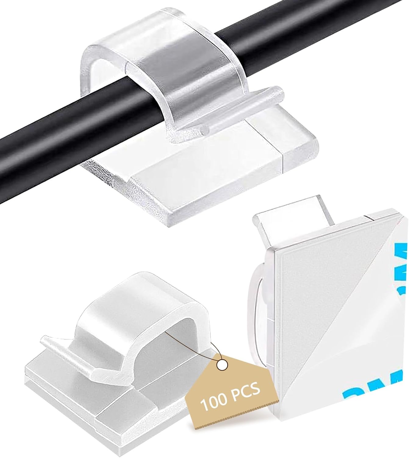 100PCS Cable Clips, Adhesive Wire Clips Organizer Cord Clips Management, Cable Staples Outdoor Strong for Wall, Desk, Christmas Lights, String Lights, TV PC Ethernet Cable, Clear Large